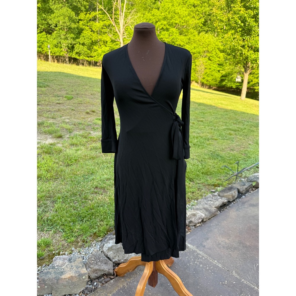 Diane von Furstenberg Black Jersey‎ Wrap Dress Size 2 3/4 Sleeve Midi V-Neck